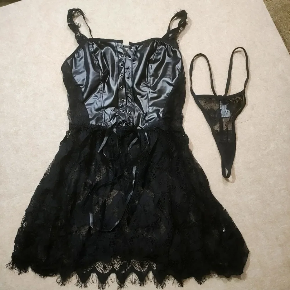 Black Sexy Lace Corset Ribbon Lingerie Set #R - Picture 4 of 6